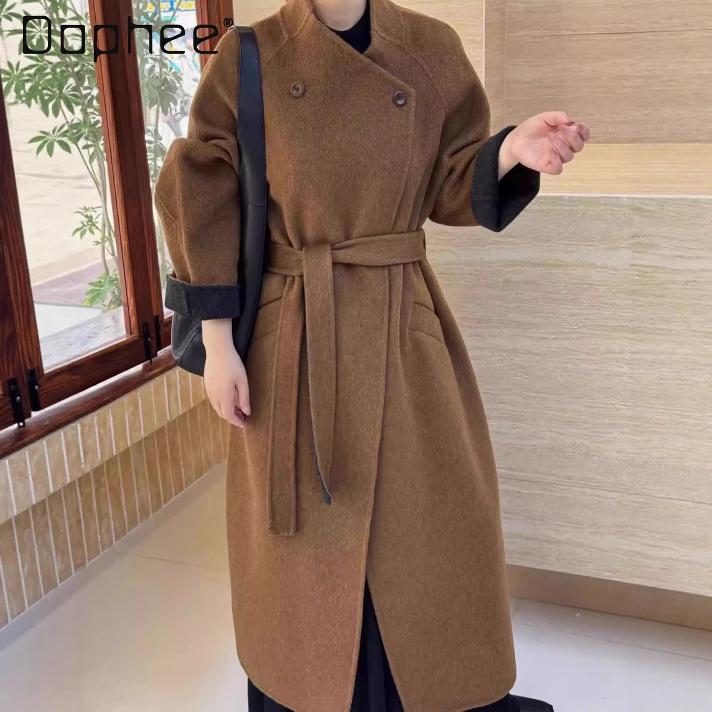 Fashion Elegant Large Lapel Double-Sided Wool Coat for Women Autumn Winter High-End Tie-Up Versatile Loose Slim Woolen Jacket