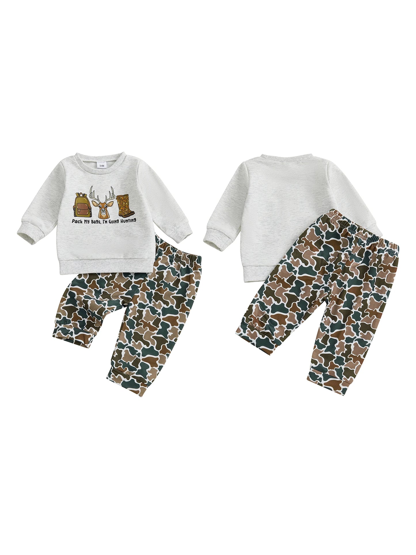 Infant Boy s Cozy Winter Ensemble Reindeer Graphic Pullover with Long Sleeves and Camo Print Elastic Waist Pants 2-Piece Set