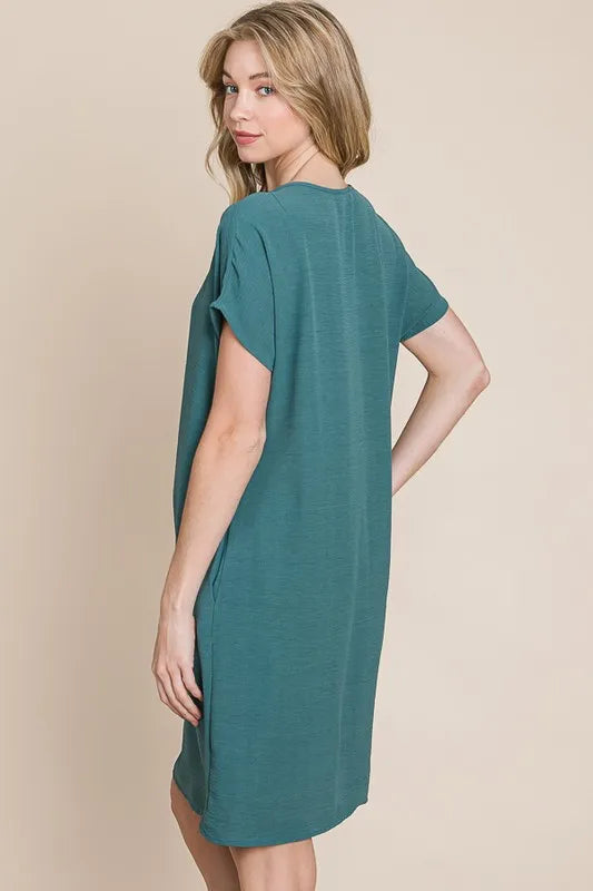 BOMBOM V-Neck Short Sleeve Dress with Pockets