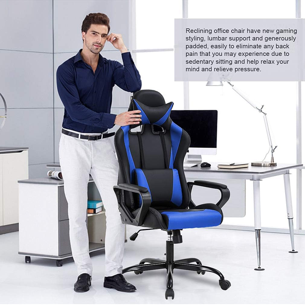 Blue High Back Ergonomic Gaming Chair With Lumbar Support
