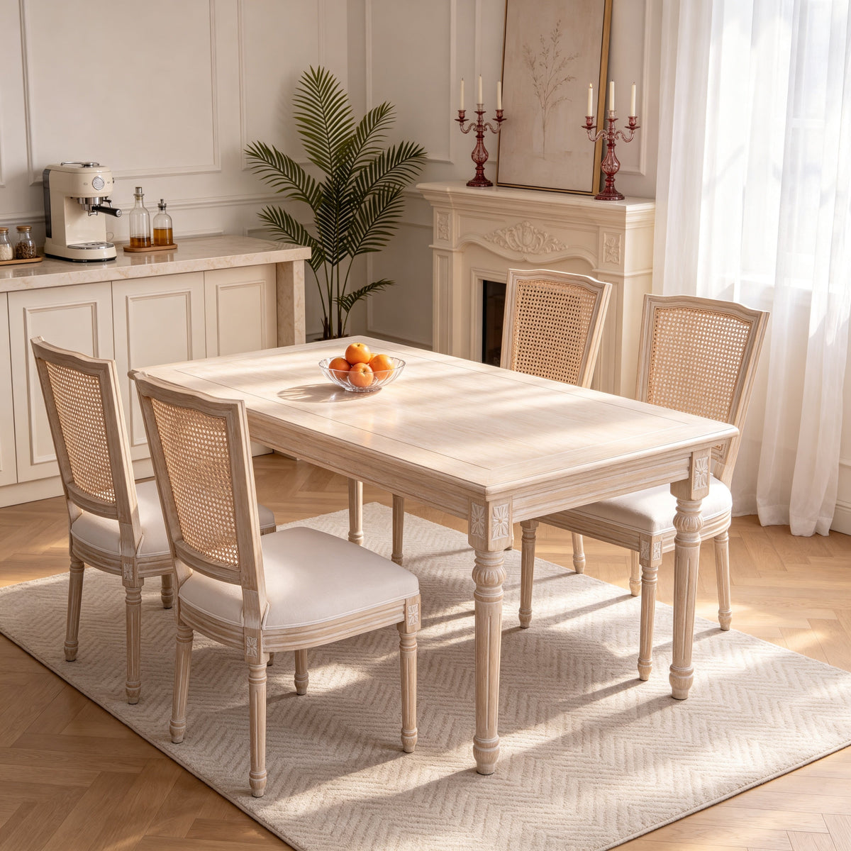 Dining Chairs Set of 2 with Rattan T-Backs and Beige Linen Seats,