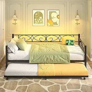 Daybed with Trundle Bed, Twin Bed Frame with Charging Station and LED Lights, Metal Sofa Day Bed with Pop Up Trundle and Steel