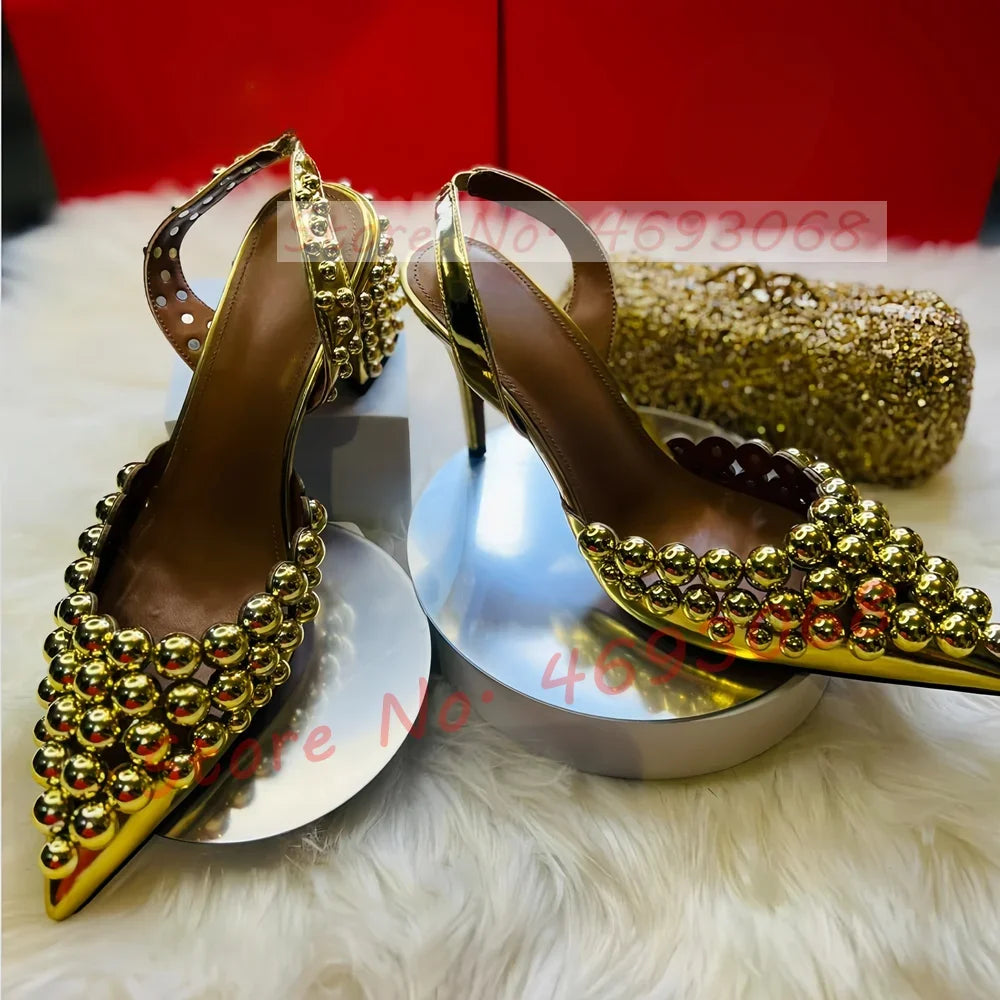 Sexy Pointed Toe Sandals With Metal Ball Spikes Women Bling Slingback Stiletto Sandals Ladies Summer Studded Buckle Straps Shoes