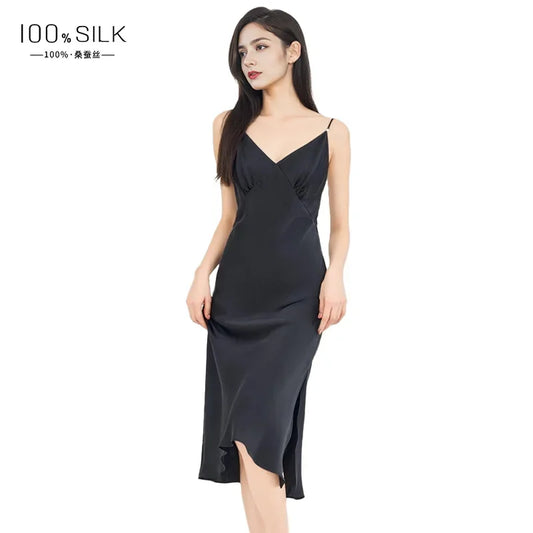 100% Mulberry Silk Sling Nightdress Sexy Slip Nightwear Pure Silk Long Nightgown Lingerie Slit Women Maxi Underwear Sleepwear