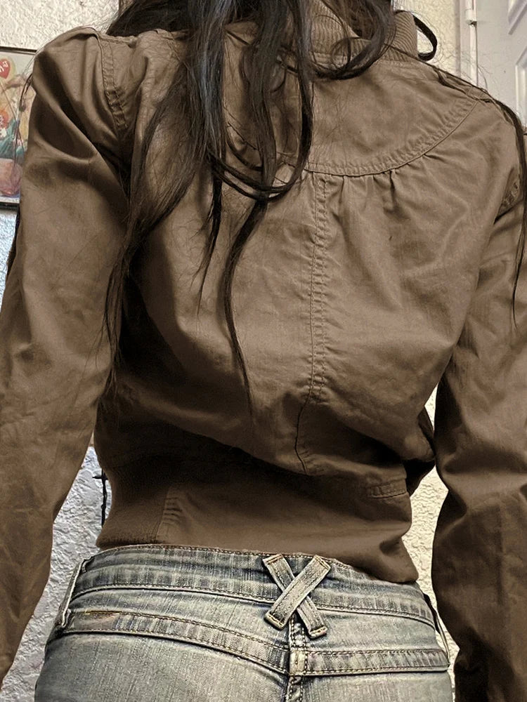 Rockmore Vintage Cropped Jackets for Women Harajuku Casual Slim Fit Zipper Coat Y2K Streetwear Long Sleeve Outerwear Autumn