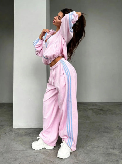 2026 New Velvet Contrasting Three-bar Sports Suit Women's Stand-up Collar Zipper Jacket High-waisted Drawstring Wide-leg Sweatpa