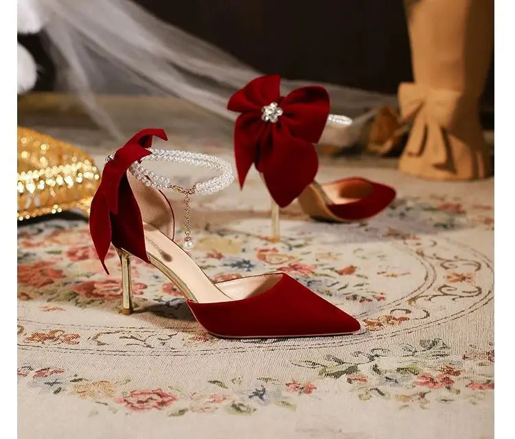 Elegant Women Heel Shoes High Heels Pumps Sexy Stilettos Wedding Shoes Bride Heels Red White Bowknot Footwear
