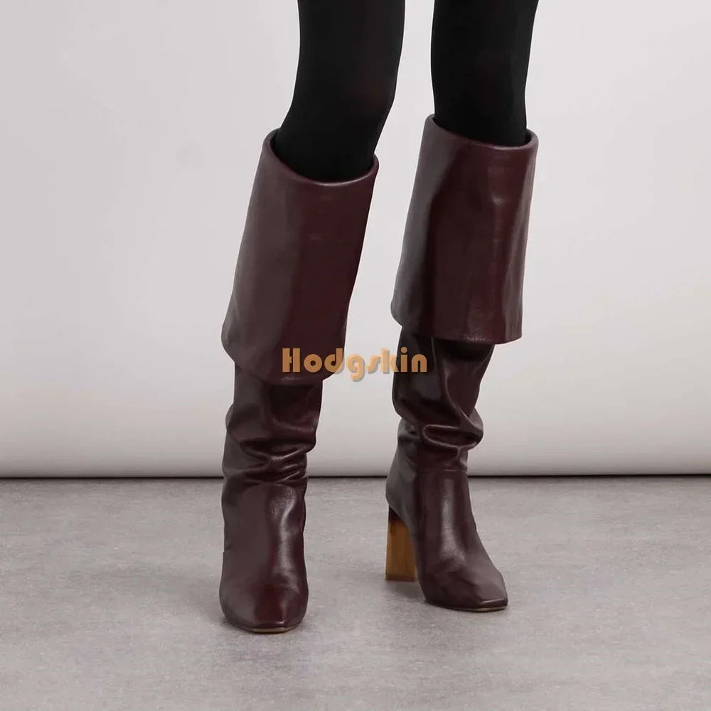 Bohemian Square Toe Boots Solid Retro Turned-over-Edges Gradient Wooden High Heels Boots Slip-on 2025 Women's New Fashion Shoes