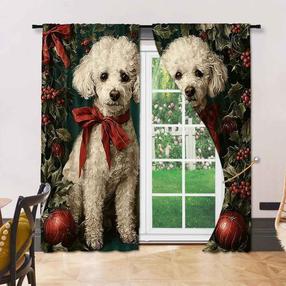 2pcs 2D flat printing Window Curtains Christmas Dog Versatile 100% Polyester Without Electricity Versatile for Classroom Office