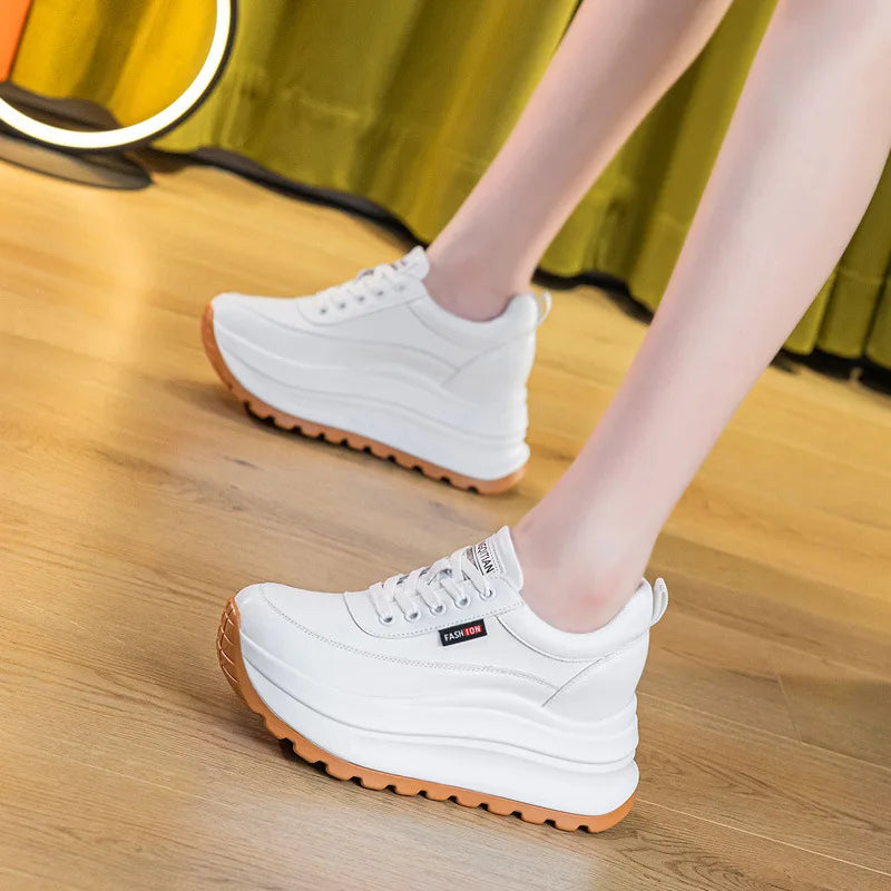 8CM Heel Sneakers Genuine Leather White Platform Sneakers for Women Chunky Platform Women New Fashion Sneaker Shoes Wedge Heel
