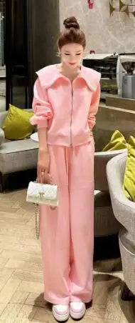 Spring 2023 Hot Drilling Sports Tracksuit Women Doll Collar Sweet Pink Cardigan Coat Outerwear Casual Sweatpants Two-Piece Sets