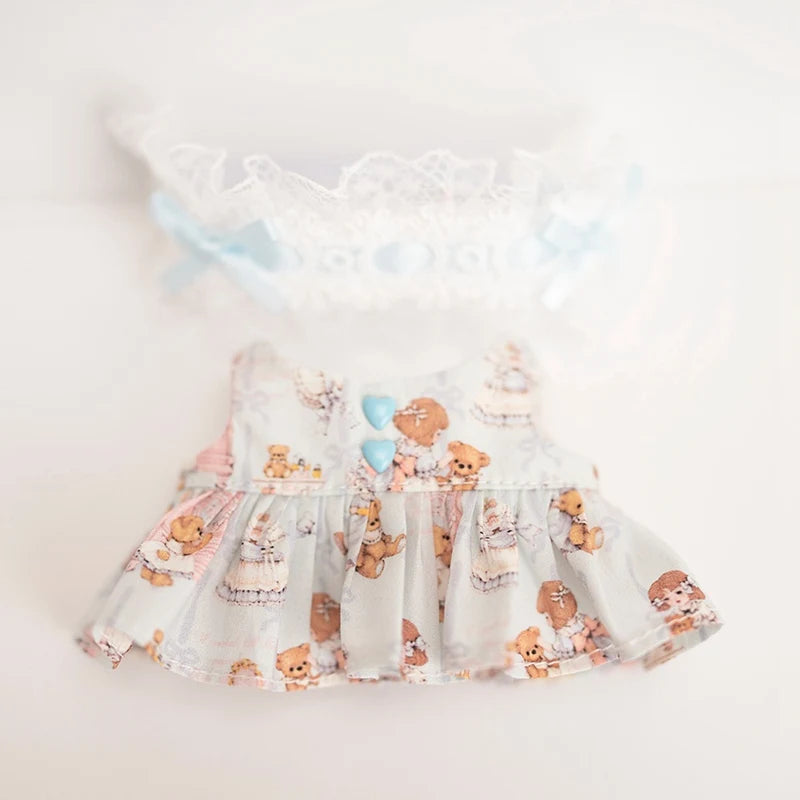 17cm Labubu Doll Clothes Lace Headband Cartoon Bear Print Dress Baby Pendant Clothes Suspender Pants Clothes Replacement Gift