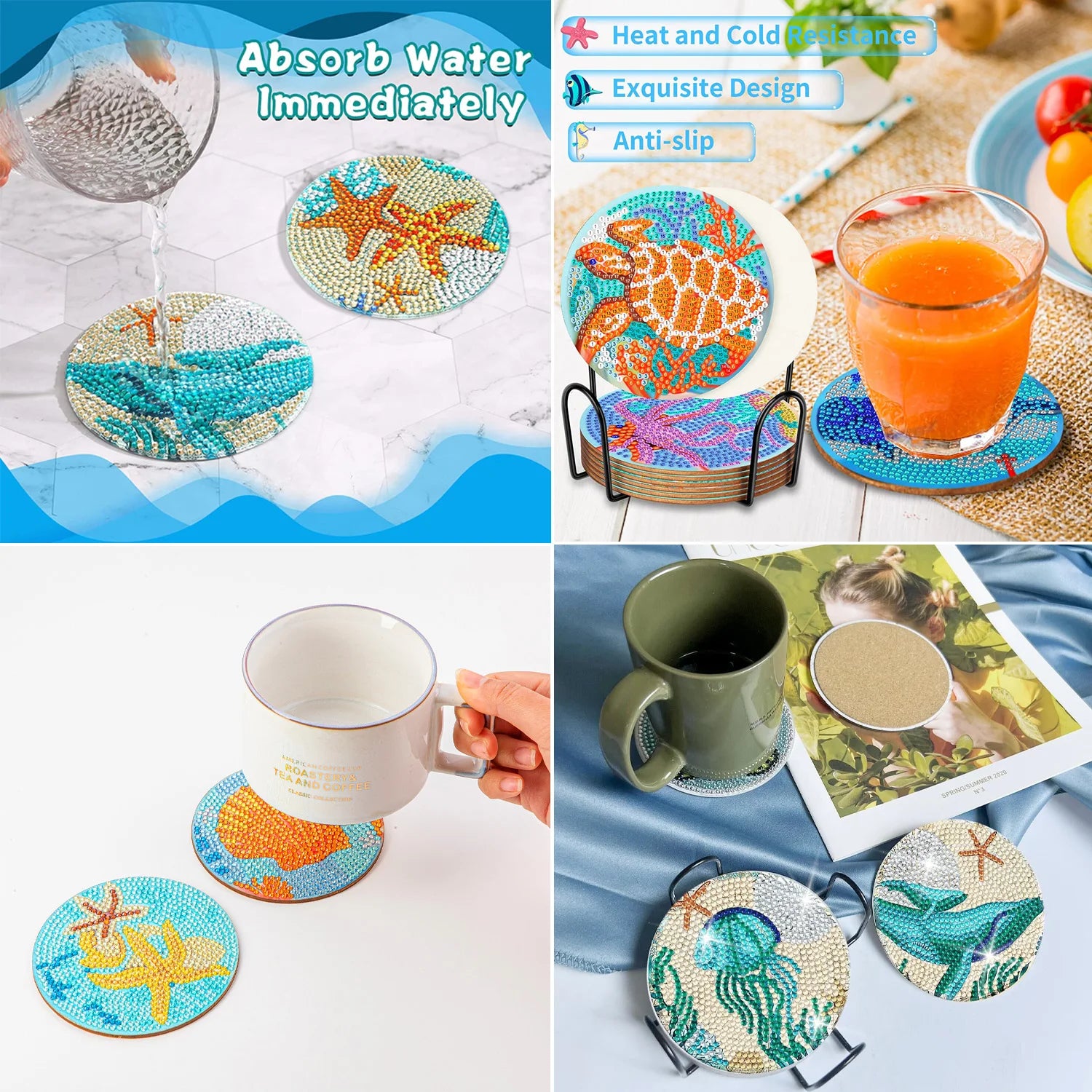 8pcs/Set DIY Diamond Painting Coasters with Holder Anti Slip Wood Drip Mats Crystal Rhinestones Diamond Art Coasters for Adults