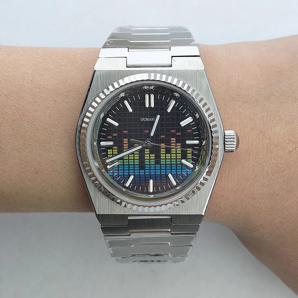 40mm Musical wave watch Stainless steel Sapphire glass all Green luminous NH35 watch Automatic mechanical Men's watch waterproof