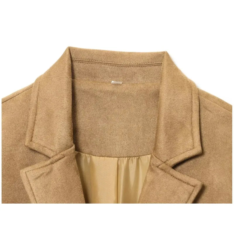 Suede Leather Coat Women Autumn Casual Long Sleeve Notched Lapel Collar Button Jacket Suit Collar Single Buckle Female Overcoat