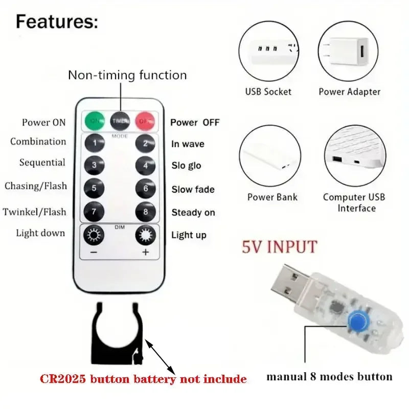 USB Plug-in Curtain LED Light String 8 Modes Holiday Christmas New Year Party Lights Home Wedding Birthday Room Decor Aesthetic