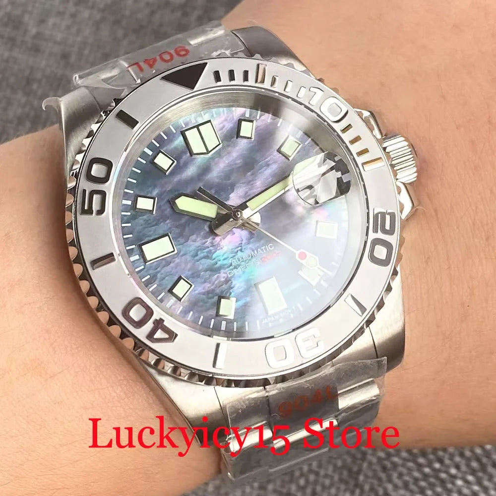 Customized NH35A Automatic Mechanical Watch Men Black Mother of Pearl Dial Luminous 200mWaterproof 40MM Brushed Case Date Cyclop