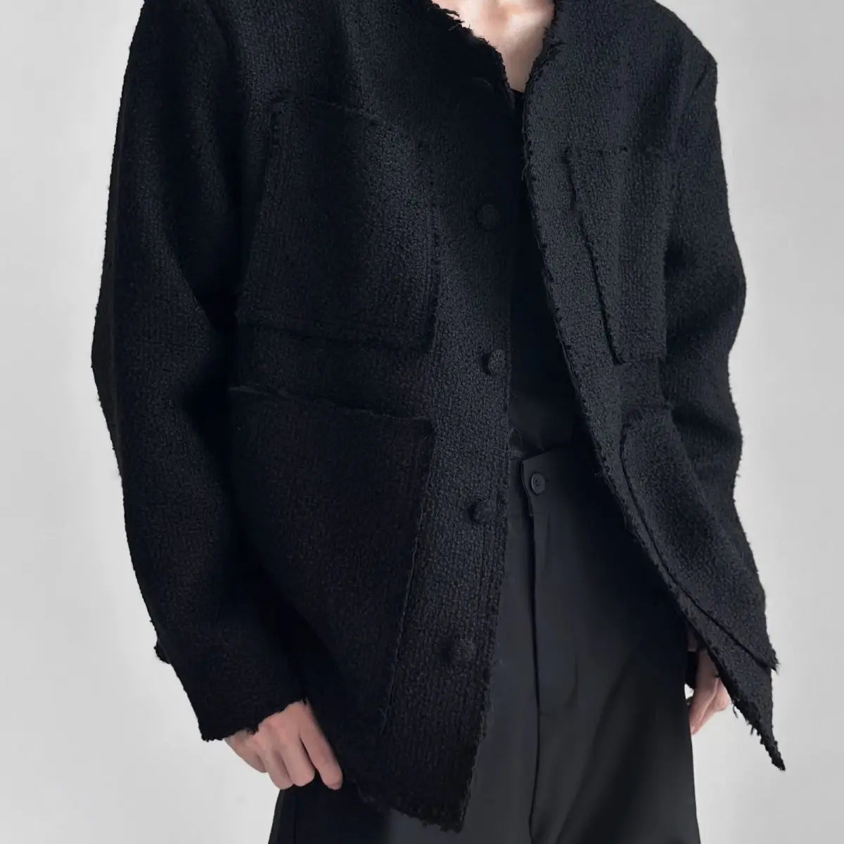 Men's Luxury 4-Pocket Tweed Jacket Korean Streetwear Raw Edge & Woven Oversized Blazer Edgy Spring Autumn Chic Loose Fit Coat