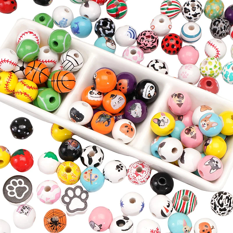 10Pcs 16/20mm Wooden Dog Paw/Christmas Pattern Round Beads Loose Spacer Beads To Make Bracelet Charms Jewelry Making Accessories
