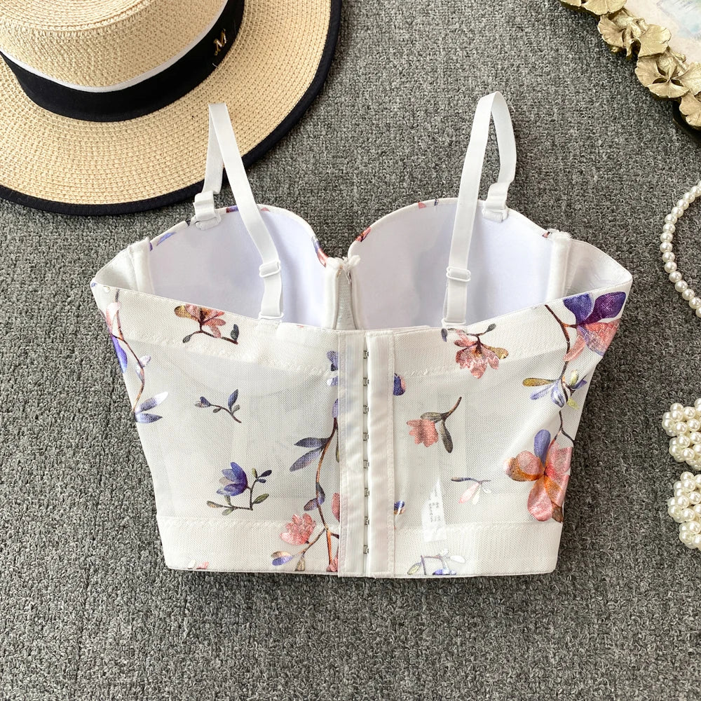 Women Sexy Floral printed Corset Tank Top Nightclub Party Short Chest Binder Camisole Girl Push Up Bustier Lady Bra Lingerie