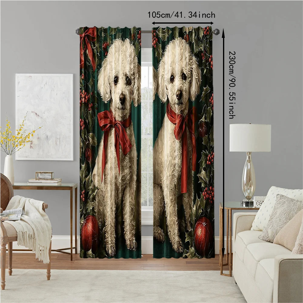 2pcs 2D flat printing Window Curtains Christmas Dog Versatile 100% Polyester Without Electricity Versatile for Classroom Office