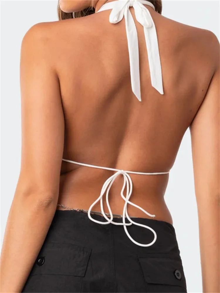 CHRONSTYLE Chic Backless Halter Lace-up Tank Crop Tops for Women Y2K V Neck Ruched Camis Fairy Grunge Vintage Mini Vest Clubwear