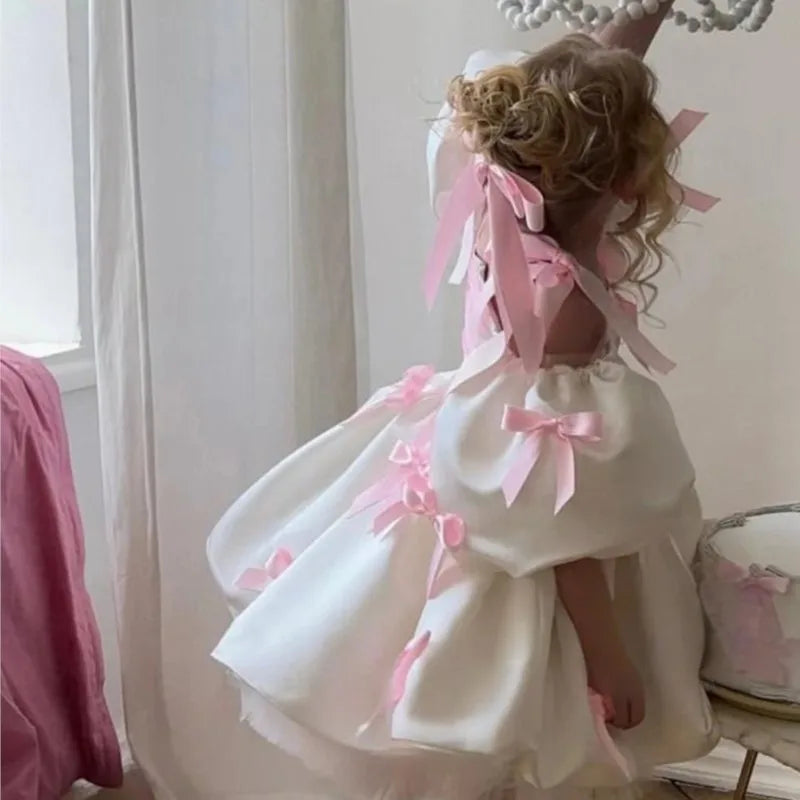 Baby Girl Princess Bow Strap Tutu Dress Infant Toddler Child Vestido Puff Sleeve Christmas Birthday Party Baby Clothes 2-14Y