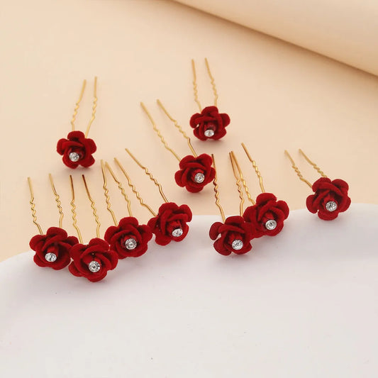 10Pcs Rose Hair Accessories Wedding Bride Hairpins Flower Hair Clips Red Velvet Clips For Women Elegant Pin Diamond Barrettes