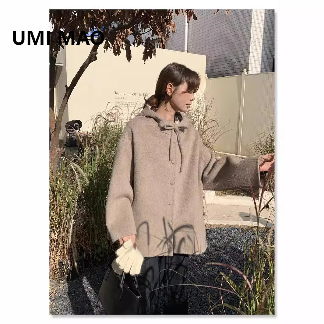 UMI MAO Woolen Coat Women Autumn Jacket New Double-Sided Wool Coat Bowknot Korean College Style Small Size Hooded Wool Coat