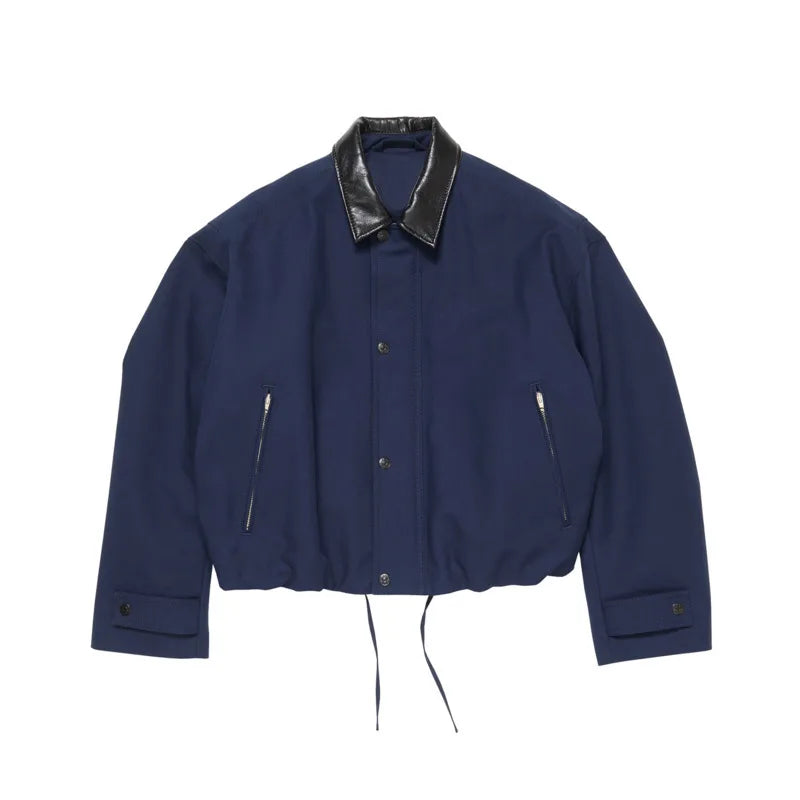 HKSH Spring Autumn New Man Tide Short Wide Fit Black Sheepskin Collar Safari Style Short Jacket Patchwork Chic Ins Coats HK11188