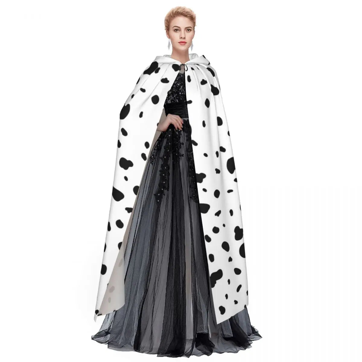 Dalmatian White And Black Dalmatian Dog Print Long Hooded Cloak Witch Medieval Costume Cosplay Cape HalloweenParty Adult Unisex