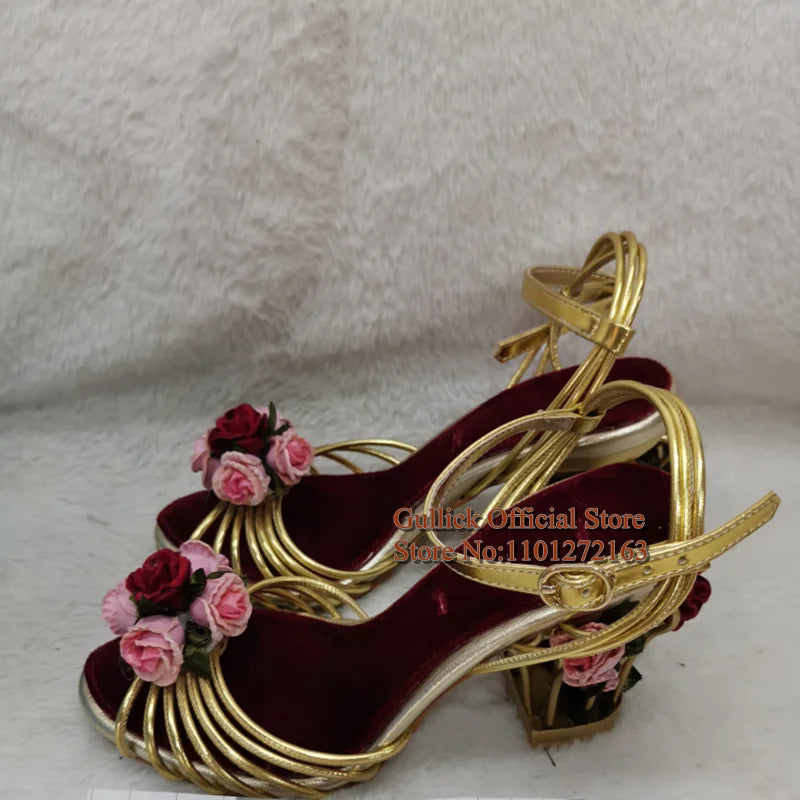 Luxury Bird Cage Women Sandals Gold Metallic Leather Strappy Sandals Floral Flower Ankle Strap Celebrate Bride Party Shoes 8.5cm