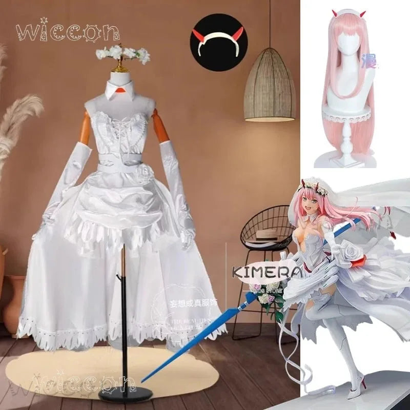 asdh8@Zero Two 02 Cosplay Costume Wig Figure Same Style Roleplay Anime DARLING Bride in the FRANXX White Lace Gown Wedding Dress