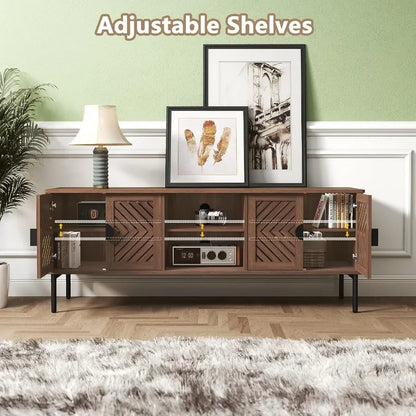 63 TV Stand for Living Room, Engineered Wood Entertainment Center with Storage Shelves, Brown Finish, Modern Style and Sturdy C