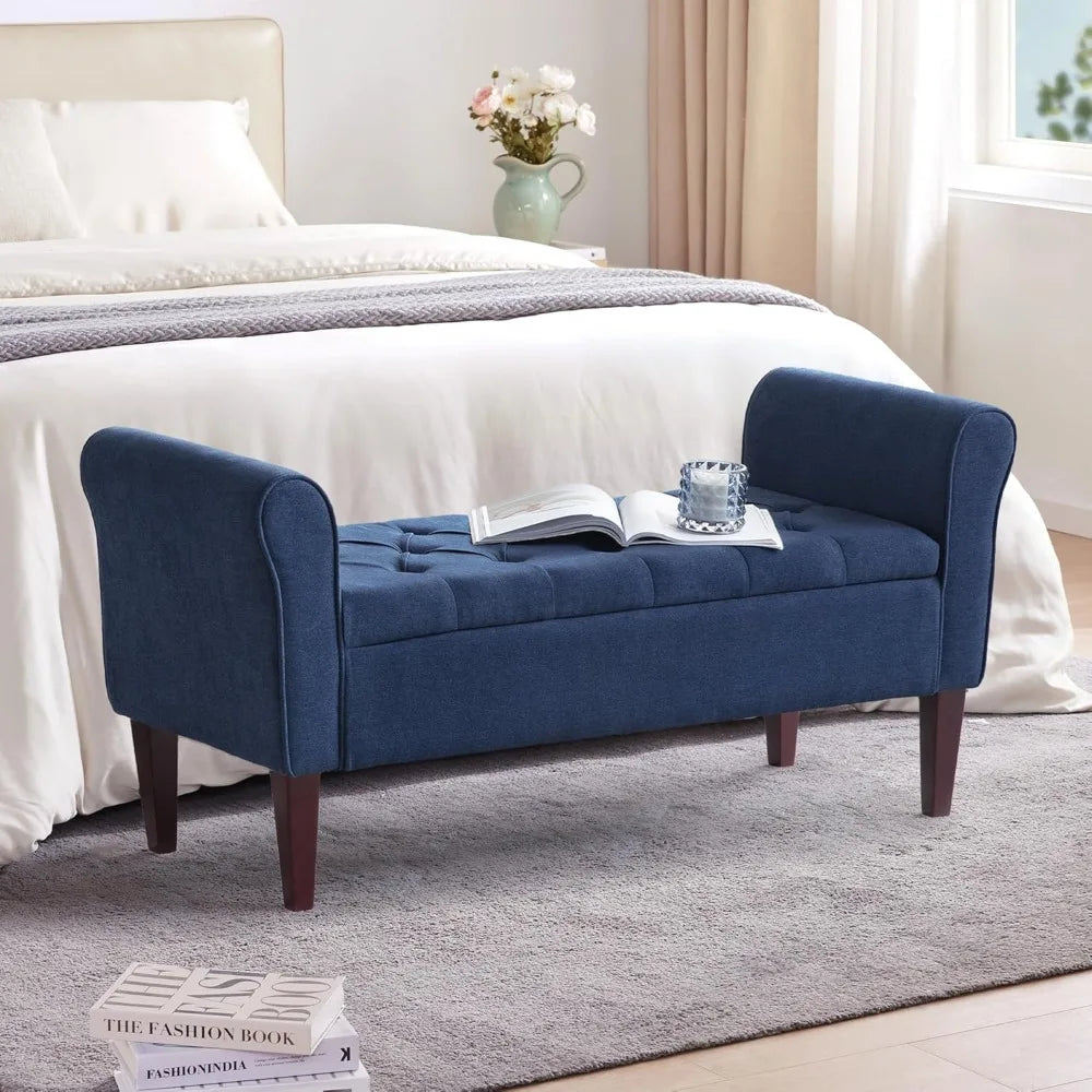 50.4" Arm Storage Bench with 7.5-inch Solid Wood Legs, Button-Tufted Storage Ottoman, Upholstered Window