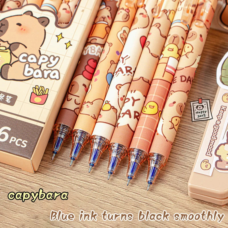 Cute Capybara Gel Pens - 6Pcs Kawaii Pen Set Quick-Drying Blue Erasable for Office School Kawaii Aesthetic Stationery