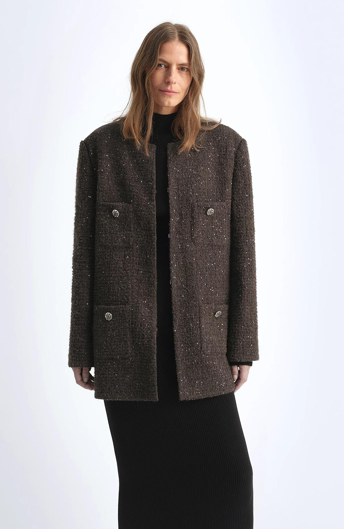 Circle Texture Sequined Wool Tweed Round Neck Long Chanel Style Coat