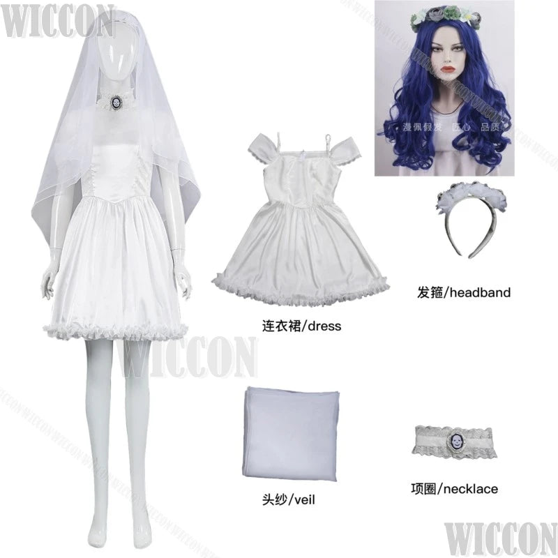Corpse Bride Anime Emily Cosplay Fancy Outfit Gothic Clothes White Wedding Dress Veil Blue Wig Withered Garlands Prop Halloween