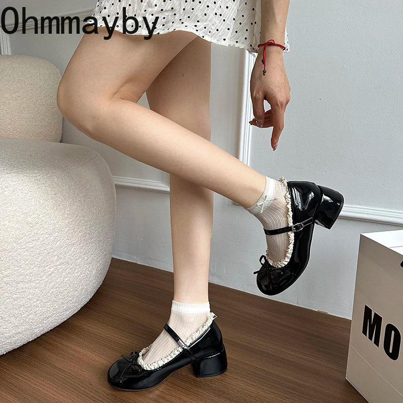 Butterfly-knot Women Mary Jane Shoes Elegant Patent Leather Wedding Party Thick Heel Ladies Footwear
