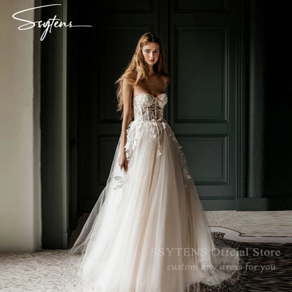 SSYTENS Boho 3d Flower A Line Wedding Dresses Woman Sweetheart Customized Formal Bridal Grown Bespoke Appliques Rode De Morrie