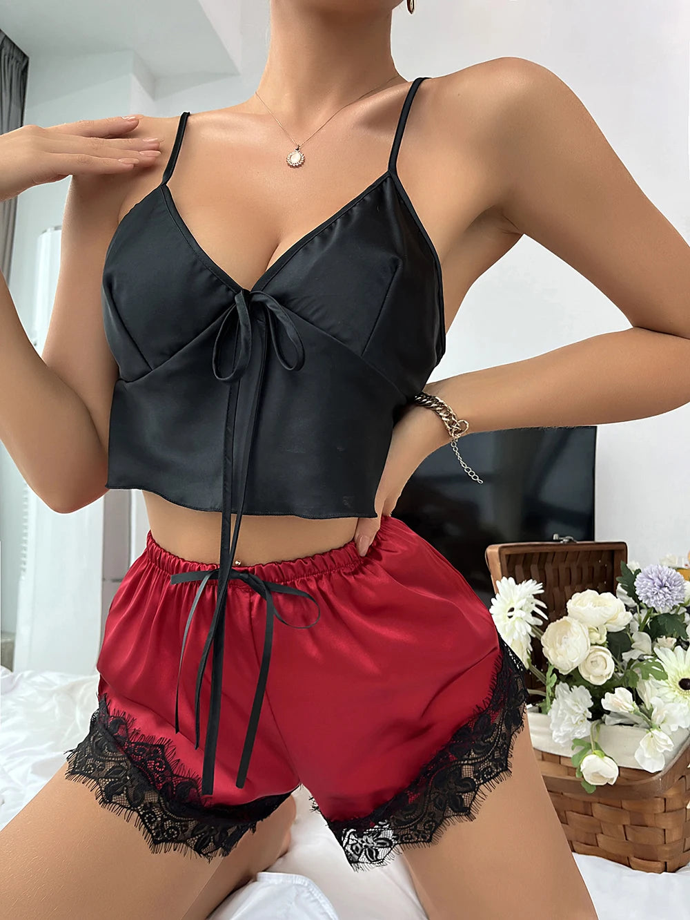 Women Pajamas Lingerie Set Satin Silk Camisole Shorts Sets Lace Two Pieces Sleepwear Top Shorts Nightwear Suits Underwear Pyjama
