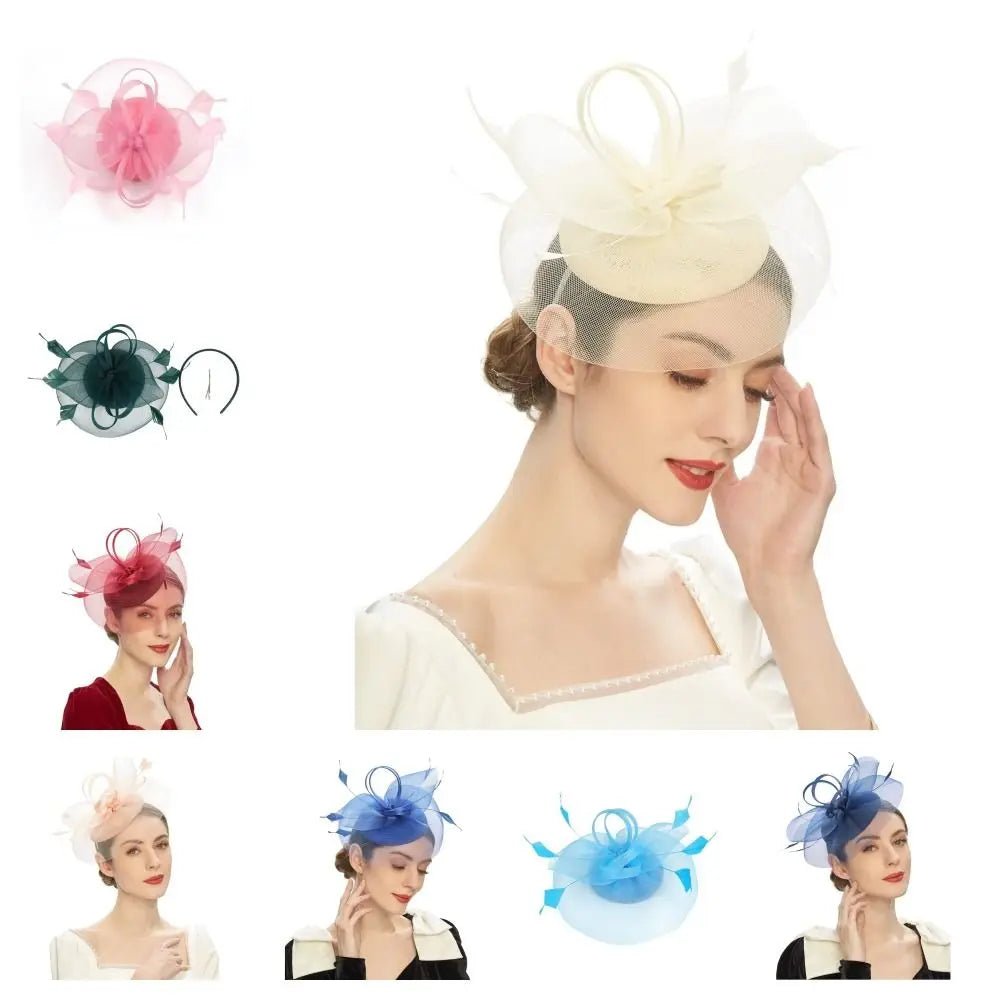 Fashion Feathers Mesh Fascinator Hat Elegant Exquisite Veil Hat Headwear Hair Hoop Sweet Bride Headband Cocktail Party