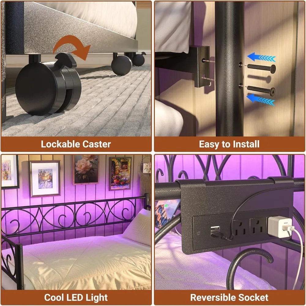 Daybed with Trundle Bed, Twin Bed Frame with Charging Station and LED Lights, Metal Sofa Day Bed with Pop Up Trundle and Steel