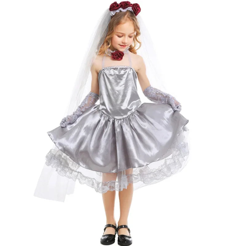 Girls Silver Gray Corpse Bride Cosplay Costume Angel Dress Kids Halloween Party Carnival Costume Fancy Dress
