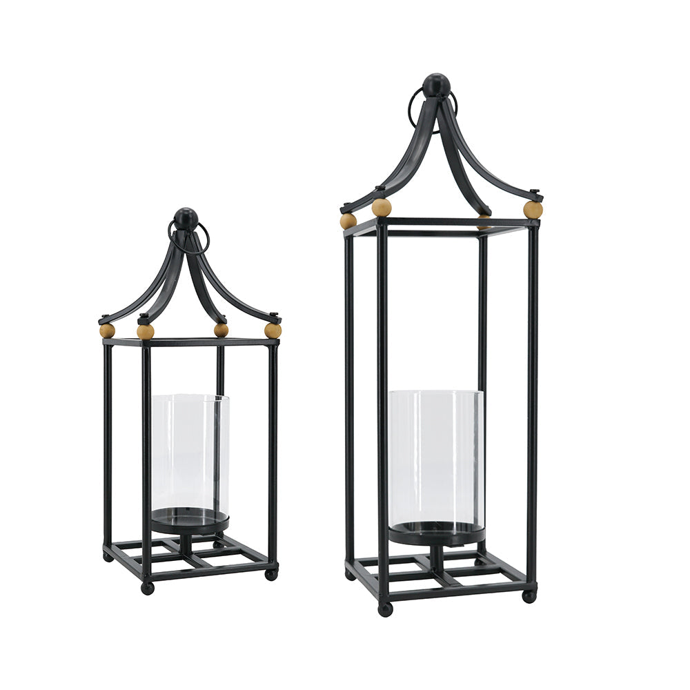 Set of 2 Black Arched Iron Lanterns with Clear Glass Hurricanes