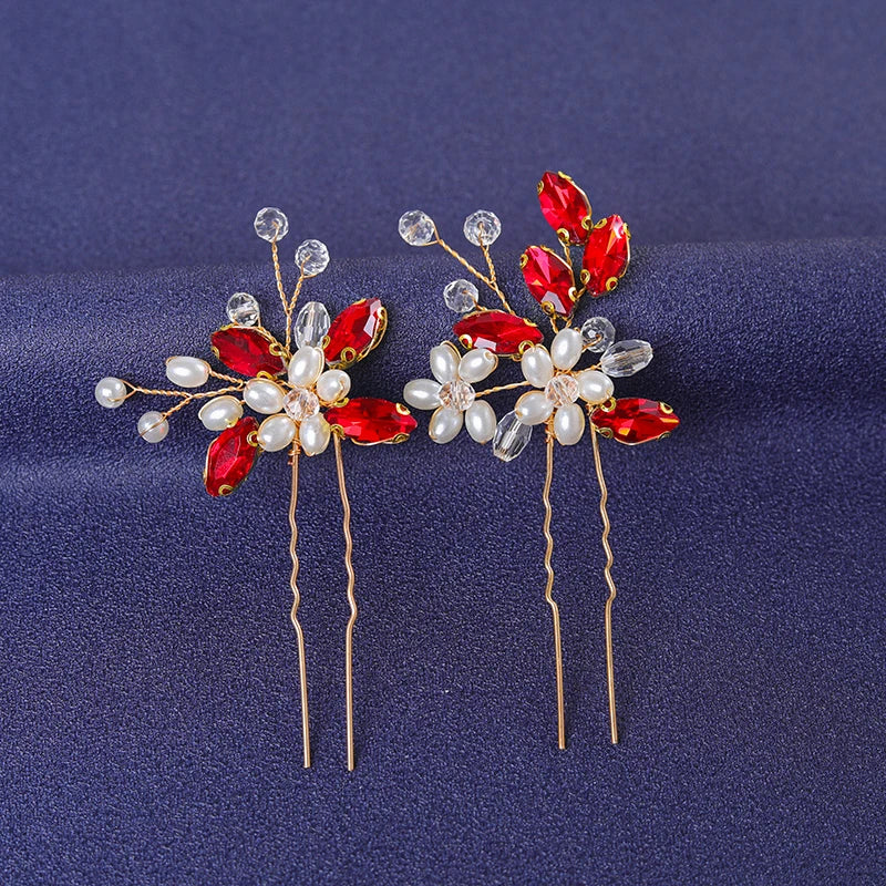 Red Trendy Crystal Hair Pin For Women Party Rhinestone Pearl Hair Clip Pin Bridal Wedding Hair Accessories Jewelry Hairpin Gift