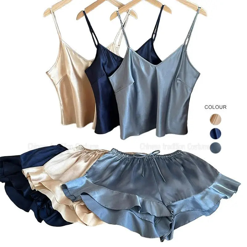 Fashion Strap Top Shorts Women Ice Silk Pajamas Suit 2Pcs Sexy Lingerie Suit Underwear Summer New Home Clothes Loungewear
