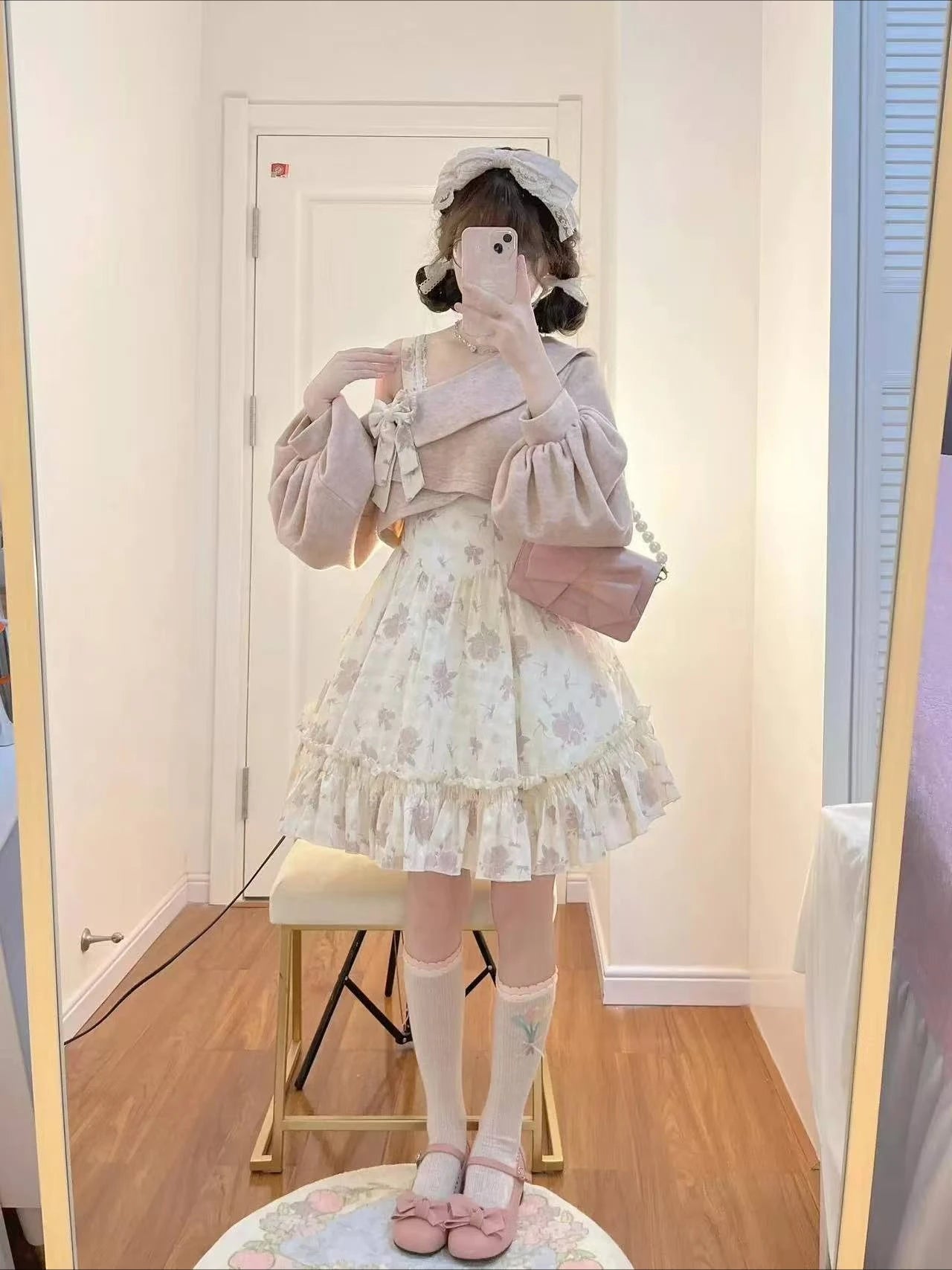 Sweet Lolita Style 2 Piece Dress Set Women Bow Short Coat Kawaii Floral Mini Dress Female Korean Fashion Beach Party Suit