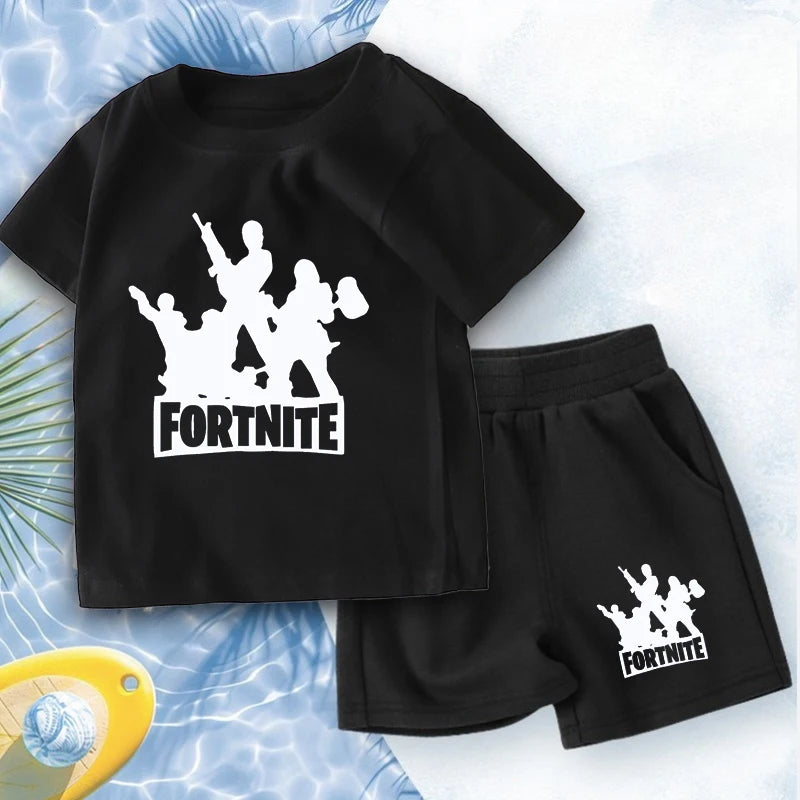 FORTNITED Anime Boy Summer T-shirt Set Kid Cotton Clothes 2pcs Short Baby Tops +Shorts Set Tee Sport Tracksuit Summer Outfits