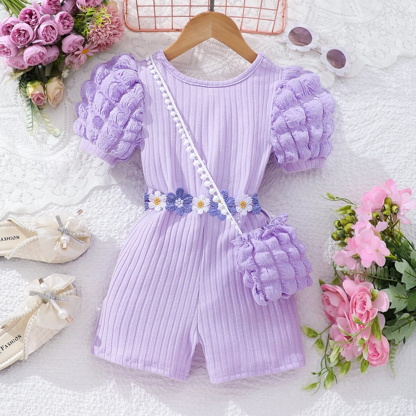 【Free Bag】 KIds Girl Jumpsuit Baby Girl Set Summer Short Sleeve Shorts Leisure Beach Children Clothes Floral Belt Outfit 2-7 Yrs